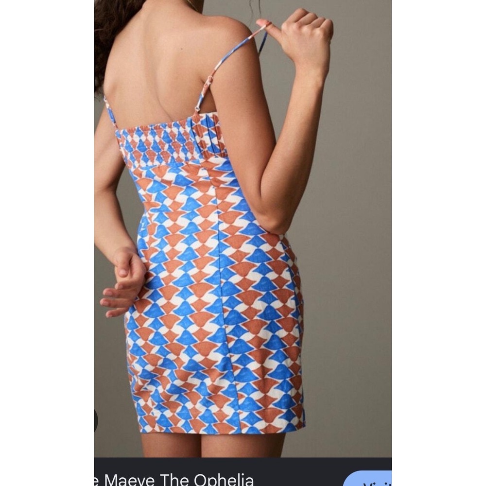 Maeve Anthropologie Ophelia Mini Dress Blue Orange Geometric Linen Blend Size 10 - Picture 3 of 11